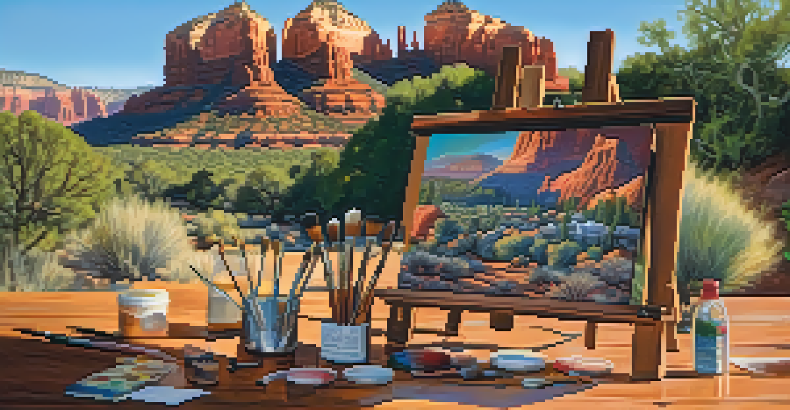 Artists engaged in a workshop outdoors in Sedona, surrounded by beautiful landscapes and their colorful artwork.