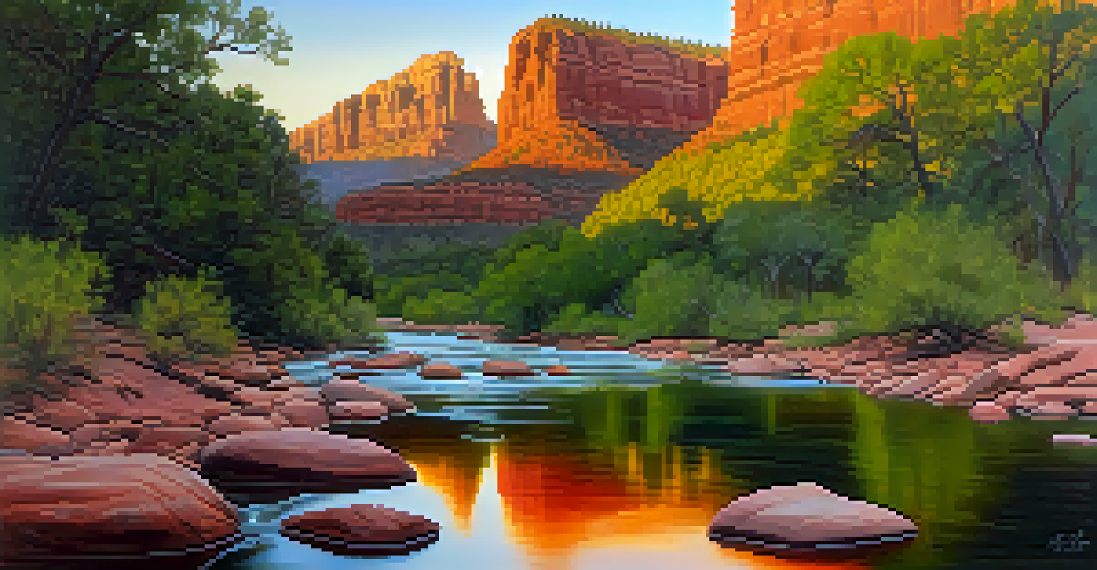 A peaceful view of Oak Creek Canyon at sunset with golden light reflecting off the water.