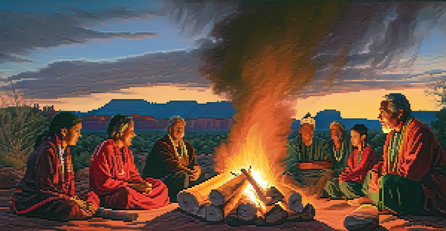 Elders sharing stories with children around a fire during a community gathering in Sedona.