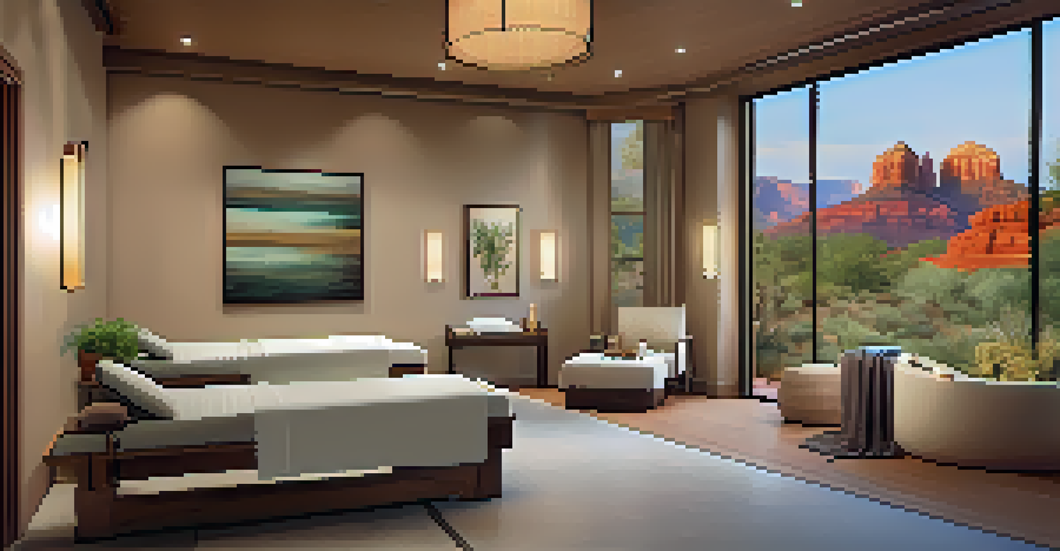 A luxurious spa room at Mii amo with calming colors and natural elements, overlooking a beautiful Sedona landscape.