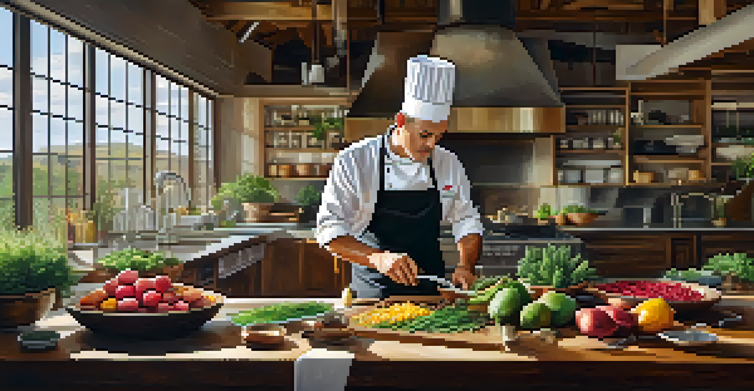 A chef in a bright kitchen preparing a colorful dish with fresh local ingredients like prickly pear and organic vegetables.