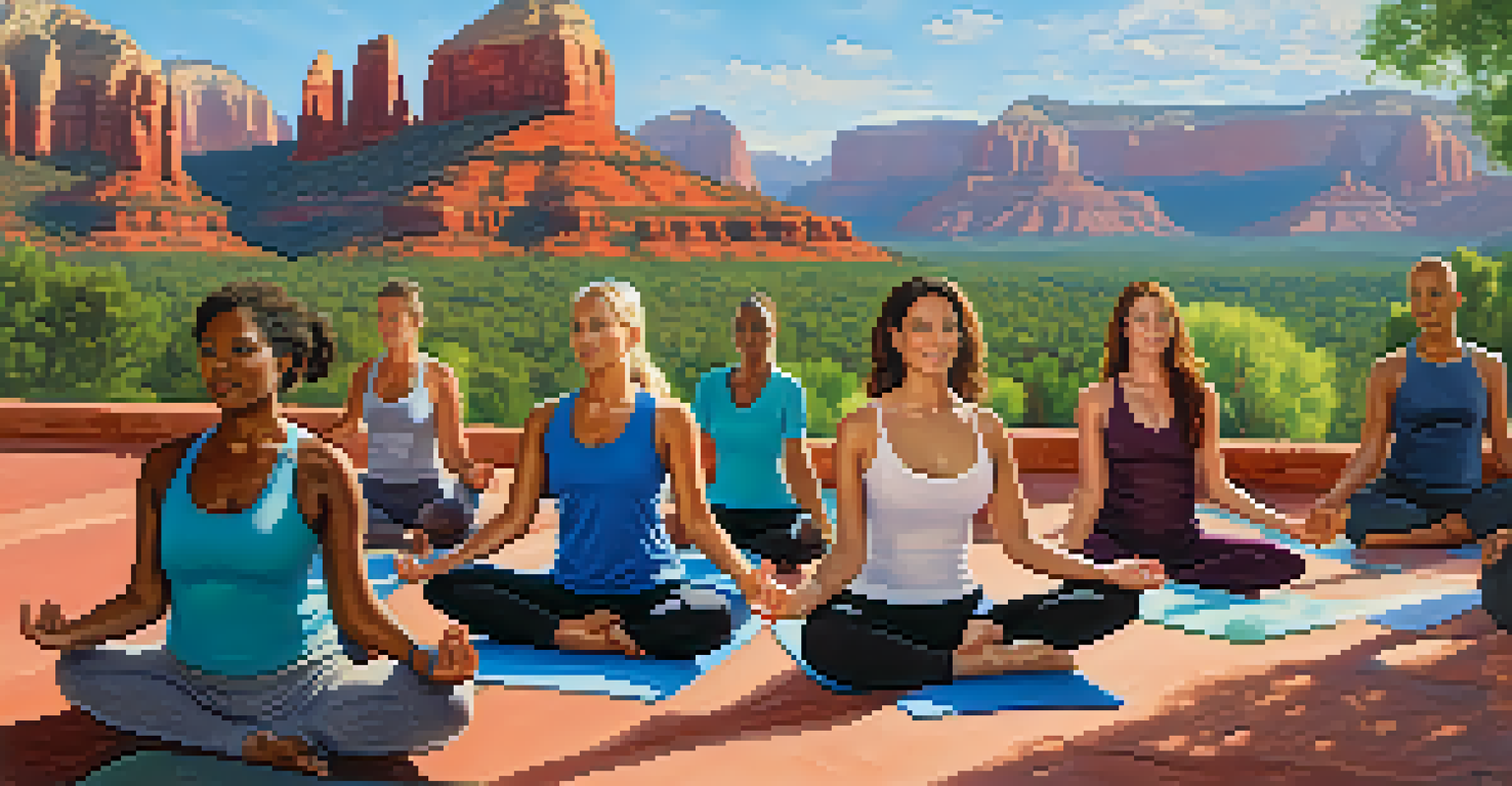 A diverse group of people practicing yoga on a scenic overlook in Sedona, surrounded by red rocks and greenery in soft morning light.