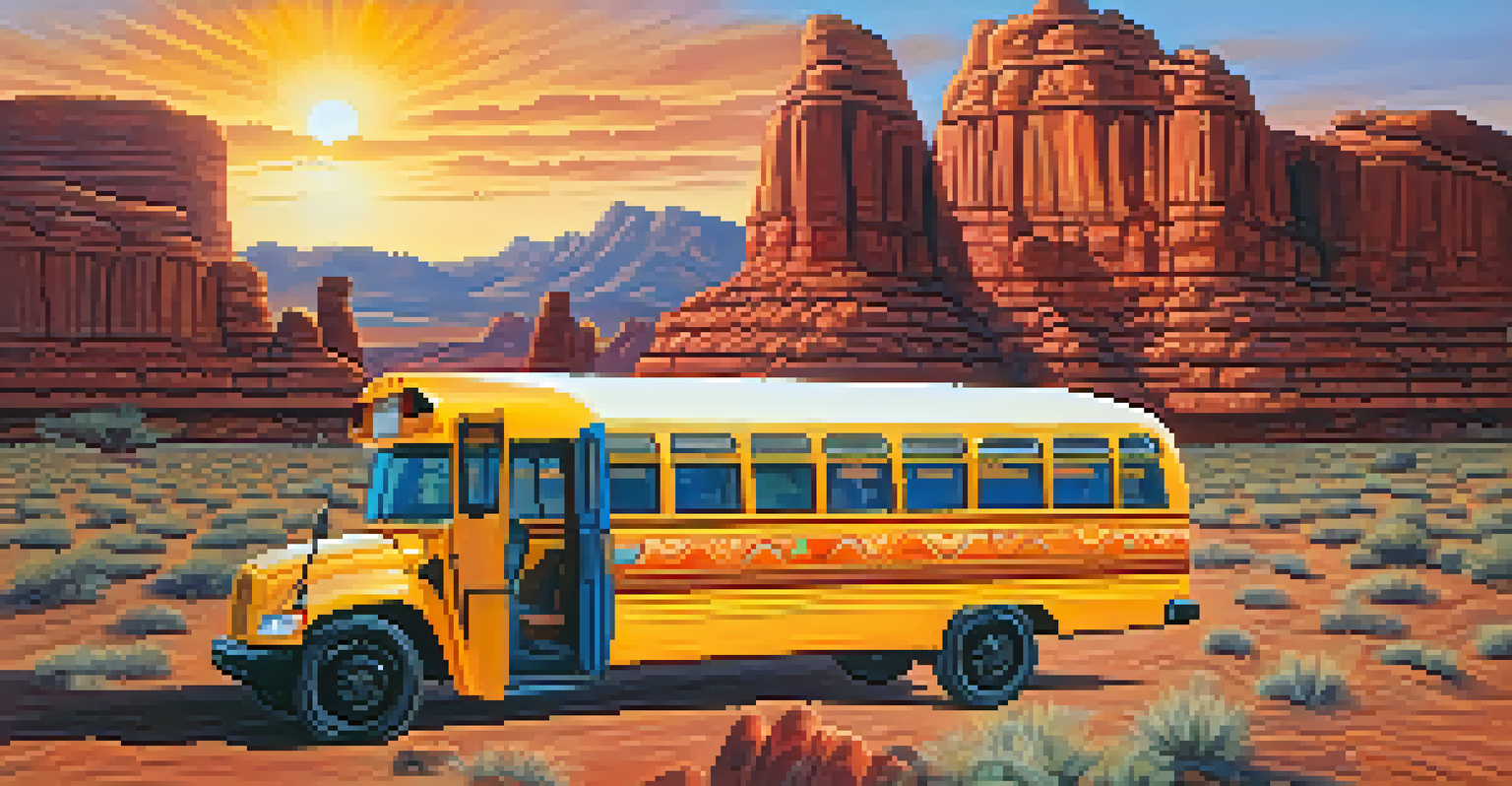 A colorful converted school bus parked in a scenic area with red rock formations, showcasing its vibrant decor and inviting interior.