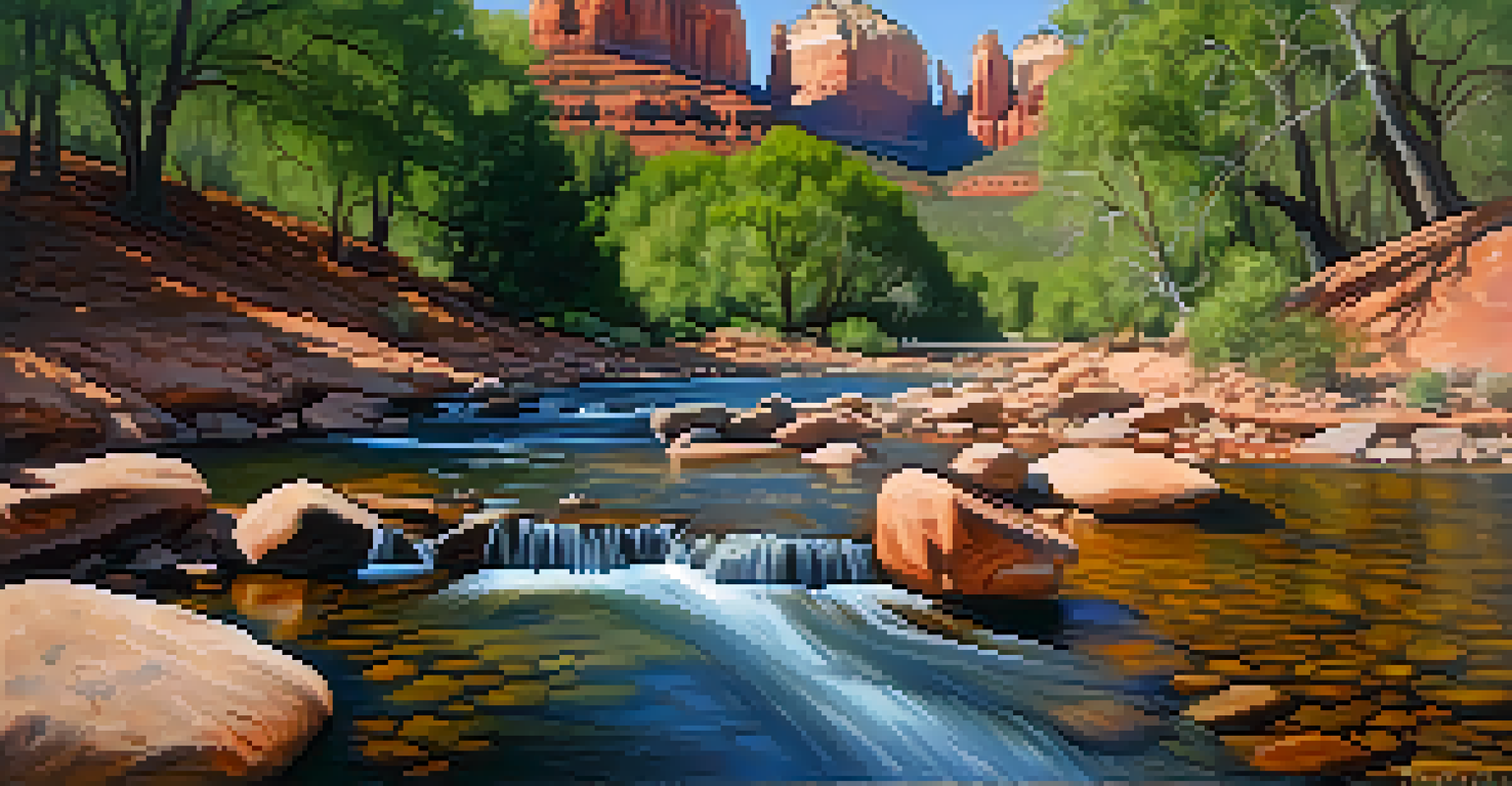 A peaceful view of Oak Creek in Sedona, with clear water and red rock formations in the background.