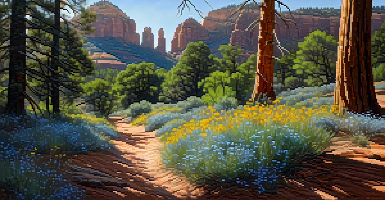 A close-up of a shaded canyon in Sedona with pine trees and wildflowers, featuring sunlight filtering through the branches.