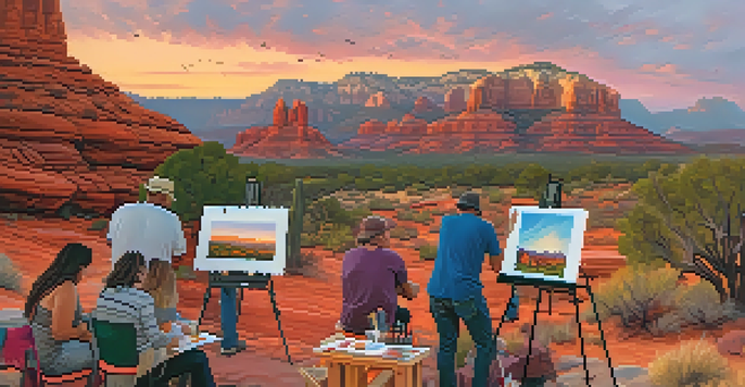 Artists gathered in the foreground, creating art while capturing the sunset over Sedona's red rock formations.