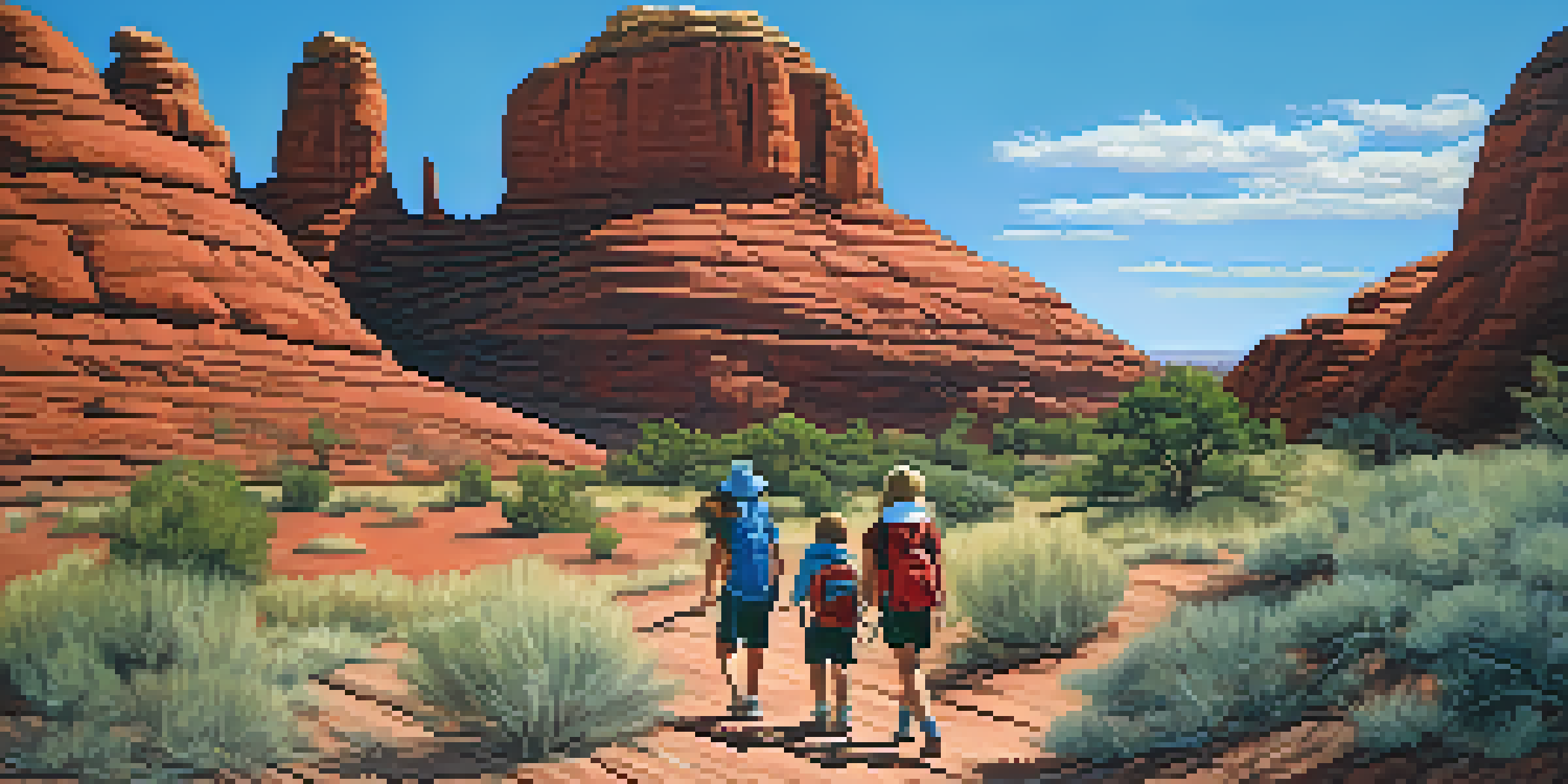 A family enjoying a hike on Bell Rock Trail with red rock formations in the background.