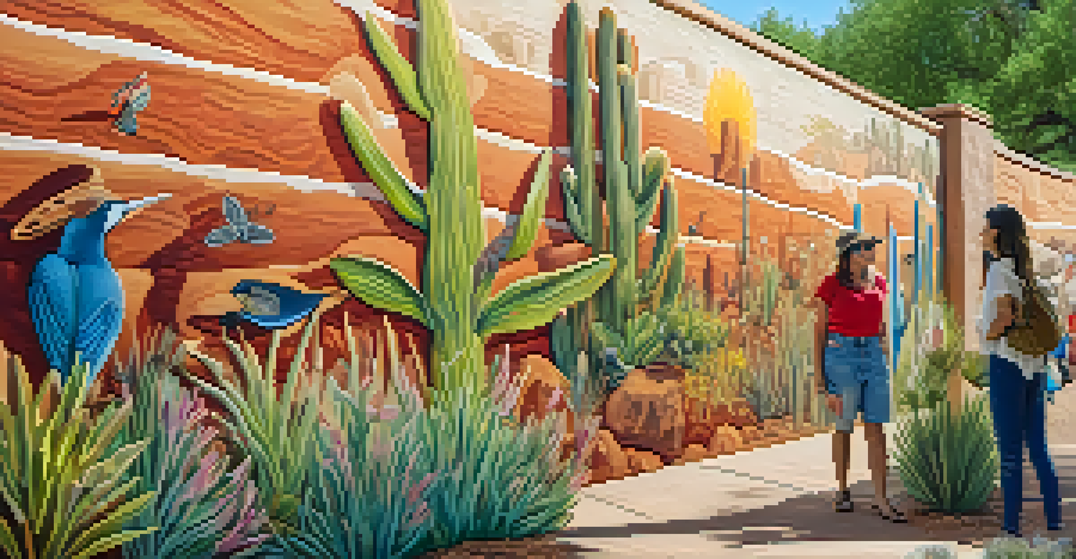 A close-up of a colorful community mural in Sedona, showcasing local plants and animals.