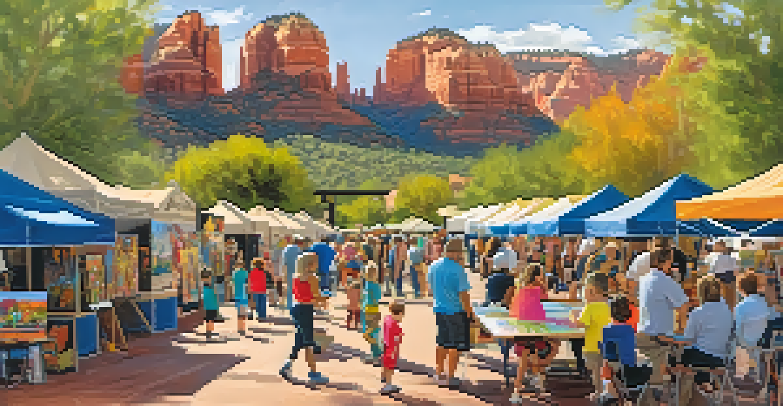 Children creating artworks at an art festival, surrounded by colorful crafts, while live performances entertain families in a joyful cultural setting.