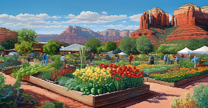 A lively community garden in Sedona with diverse people gardening amidst colorful plants and red rocks in the background under sunny skies.