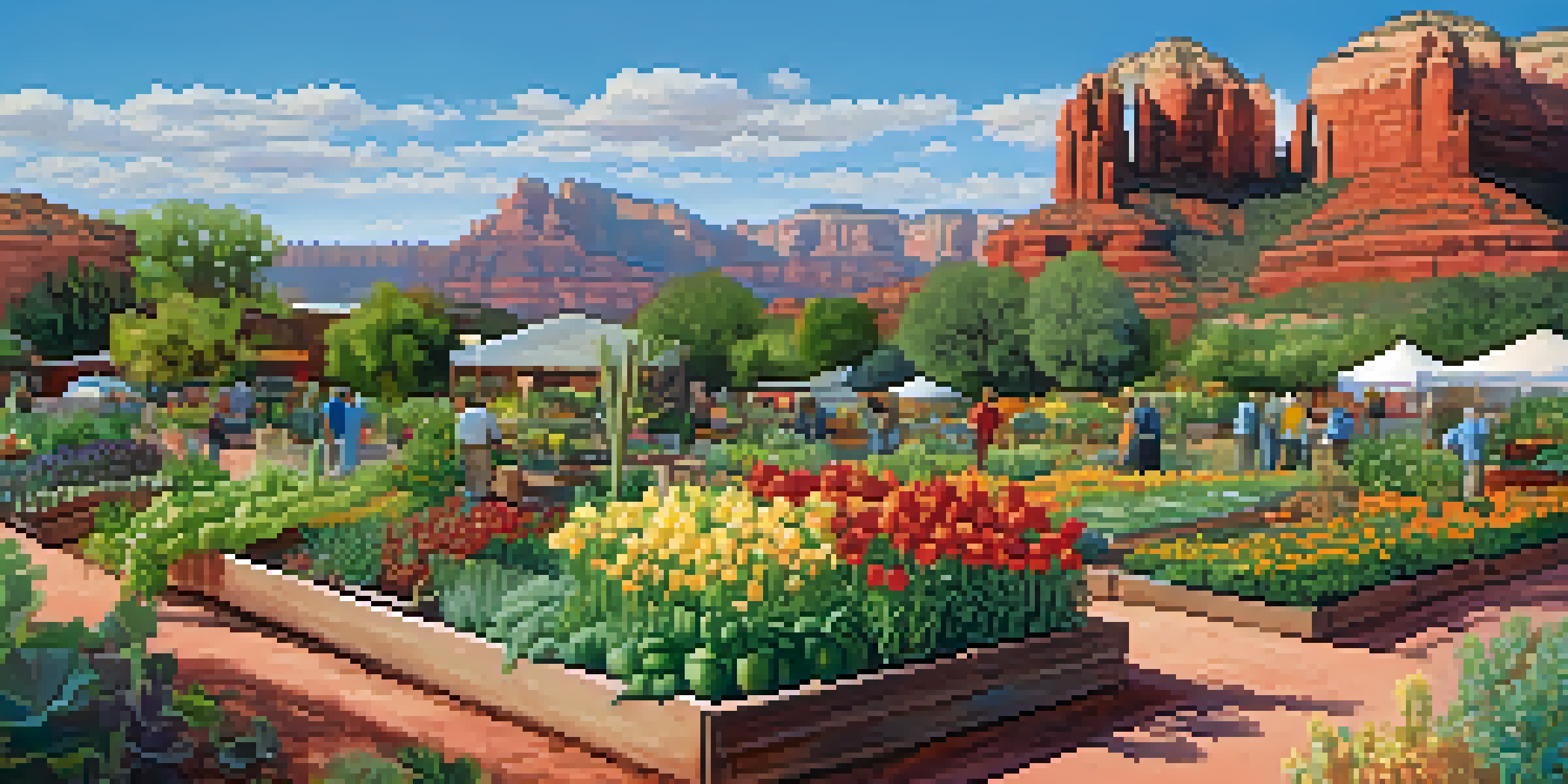 A lively community garden in Sedona with diverse people gardening amidst colorful plants and red rocks in the background under sunny skies.