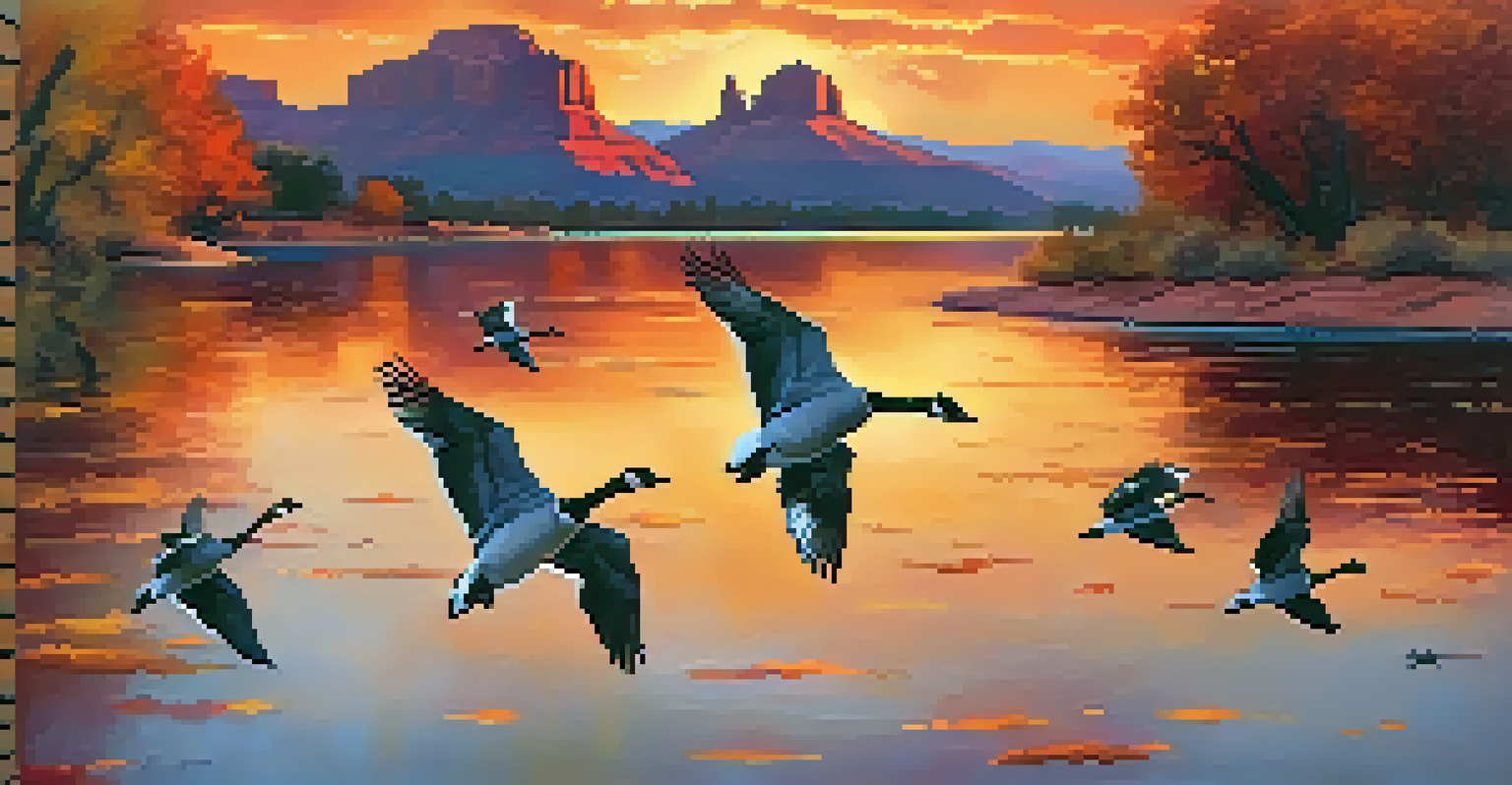 An autumn sunset in Sedona with migratory geese flying across the sky, colorful foliage, and a tranquil lake reflecting the vibrant scenery.
