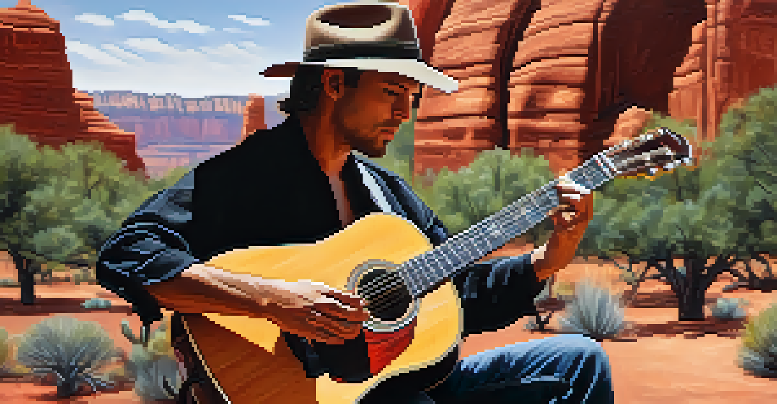 A local musician performing with an acoustic guitar at a Sedona music festival, surrounded by red rock formations.