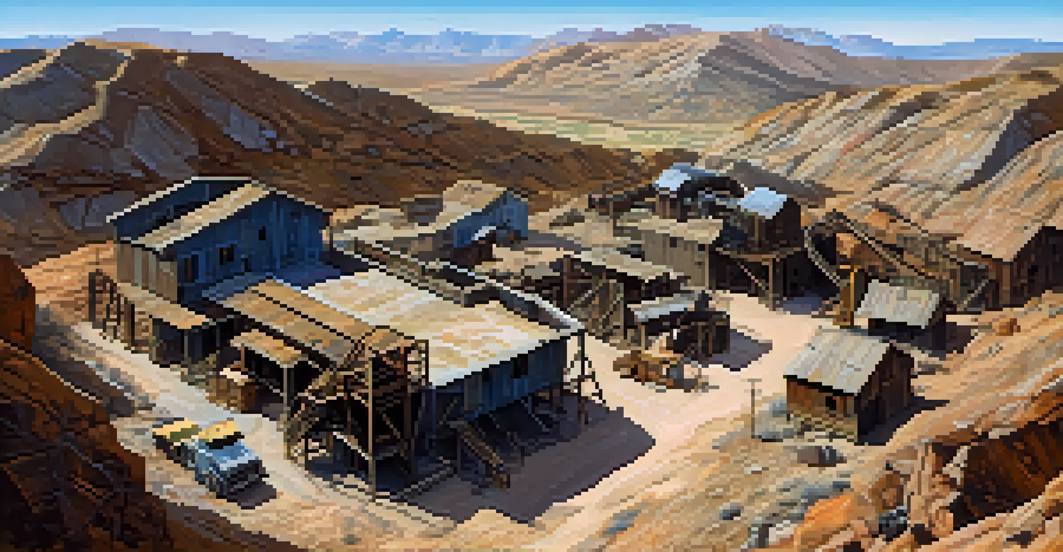 An aerial view of the deserted Ghost Town Mine, surrounded by rugged terrain and scattered vegetation under a clear blue sky.