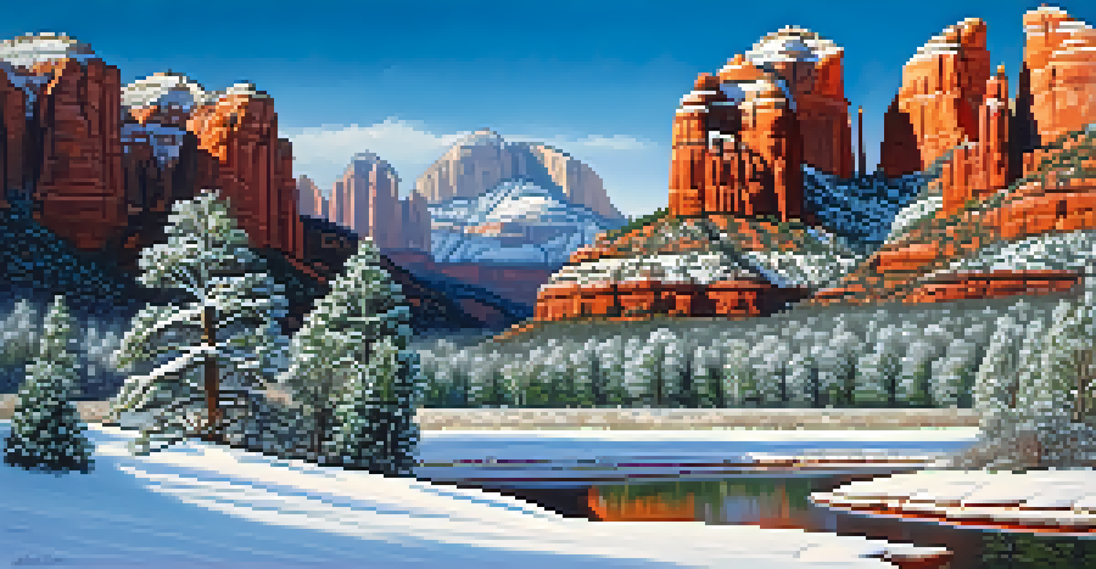 A tranquil winter scene of Cathedral Rock in Sedona, covered in snow under a clear blue sky.