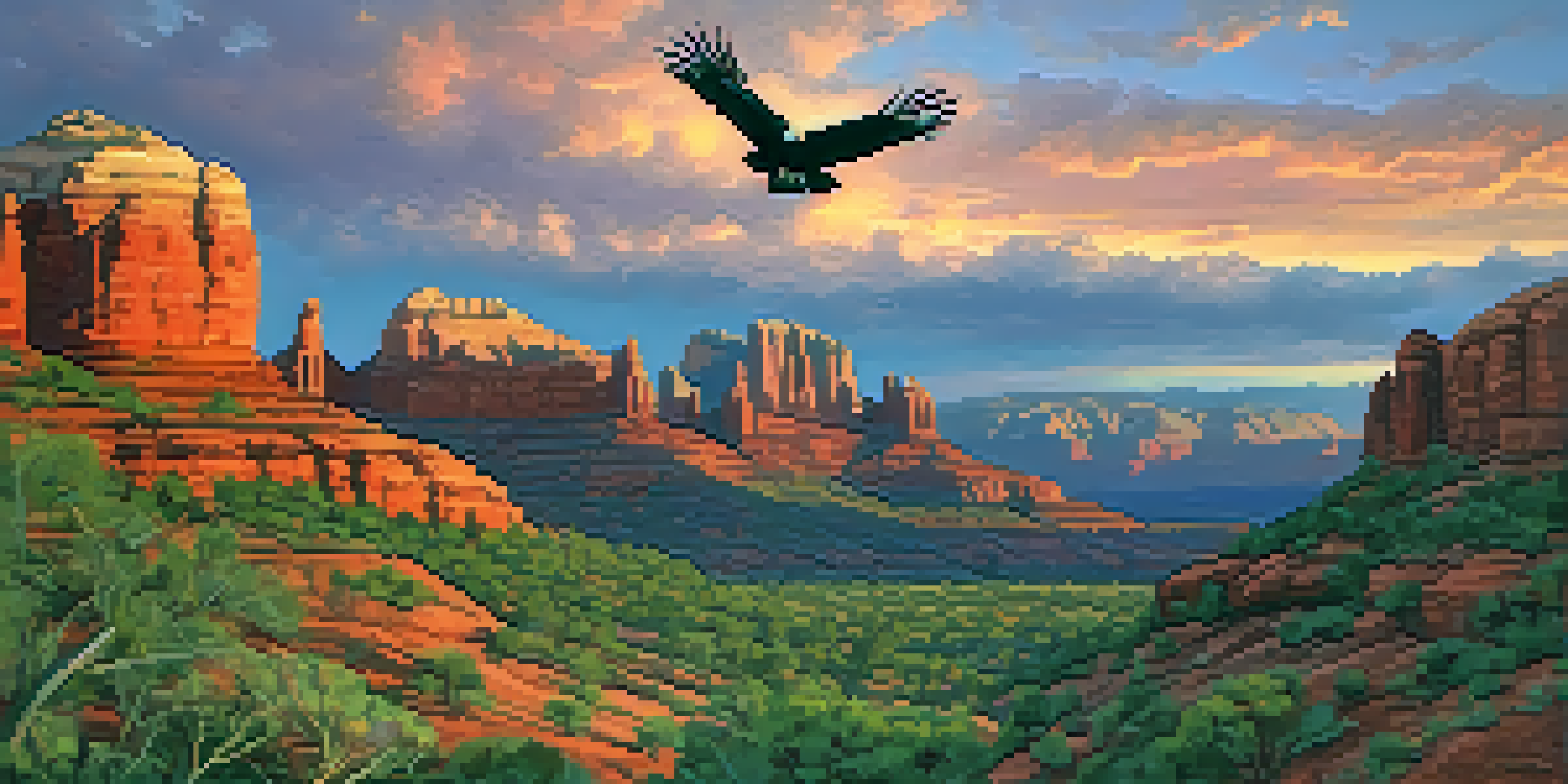 A sunset view of Sedona's red rock formations with a California condor flying above and blooming Sedona primrose in the foreground.