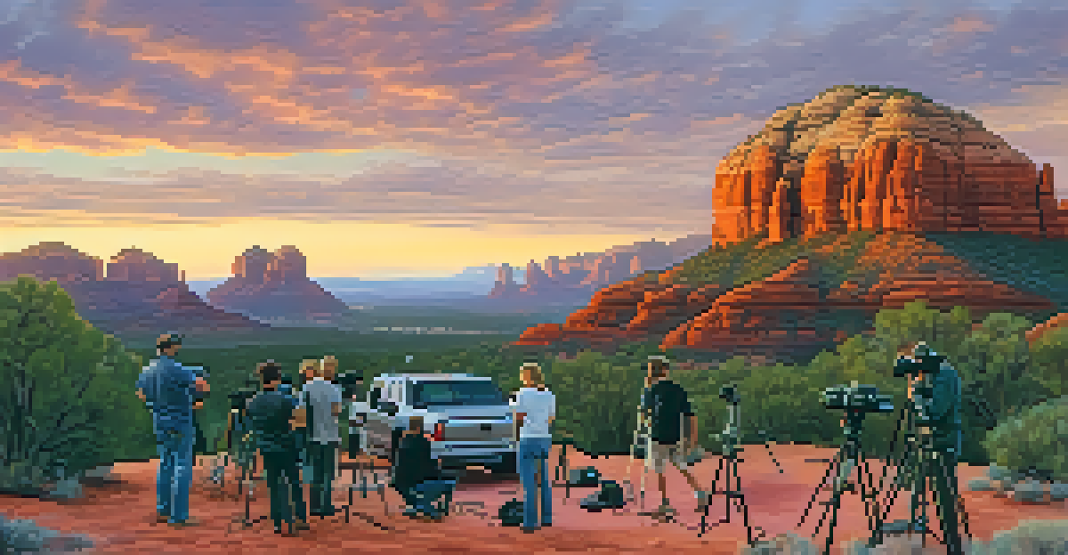 A stunning sunset over Sedona's red rock landscape with a film crew setting up for a shoot, capturing the beauty of the scene.
