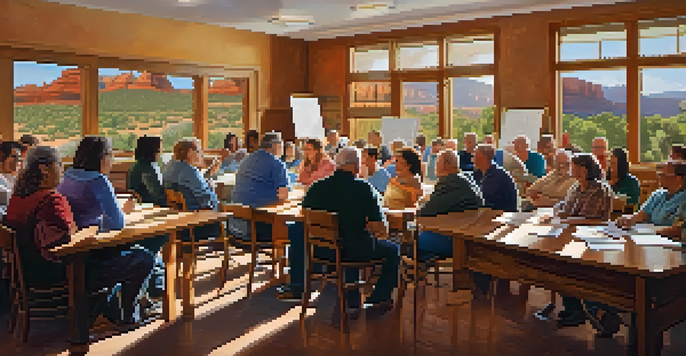 A lively town hall meeting in Sedona with diverse community members discussing plans, illuminated by natural light.