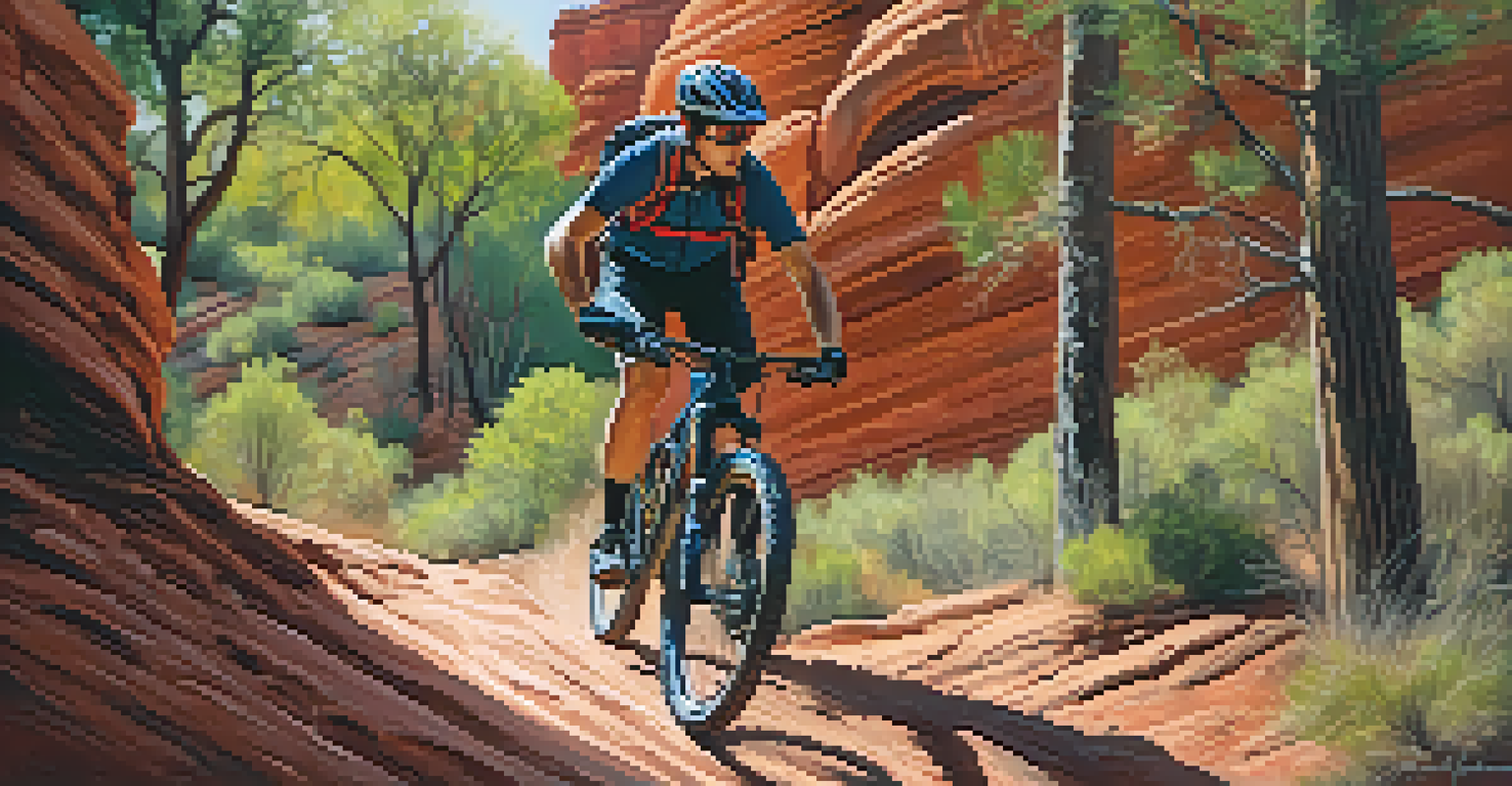 A mountain biker riding through a rocky trail in Sedona, surrounded by red rock formations and greenery in the spring sunlight.