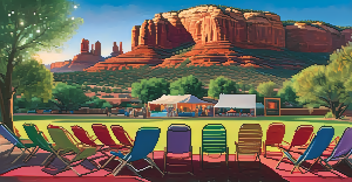 An outdoor film screening at Sedona's Annual Film Festival with red rock formations in the background and attendees watching the movie under twinkling lights.