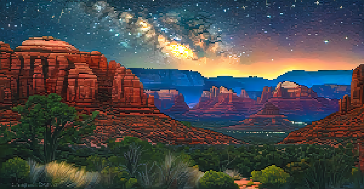 A tranquil night sky in Sedona showcasing stars and the Milky Way over red rock formations.