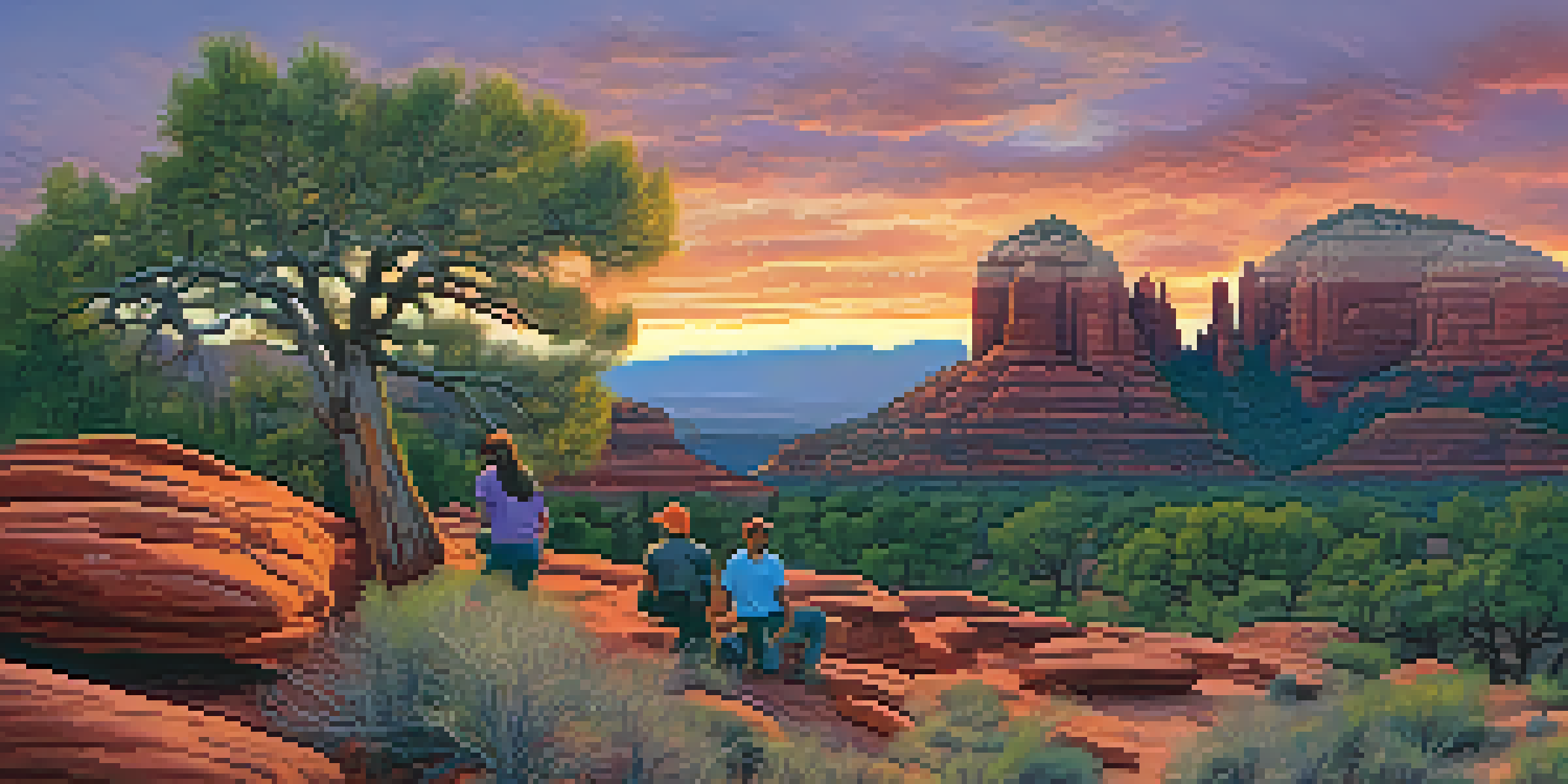 A panoramic view of Sedona's red rock formations at sunset with volunteers planting trees in the foreground.