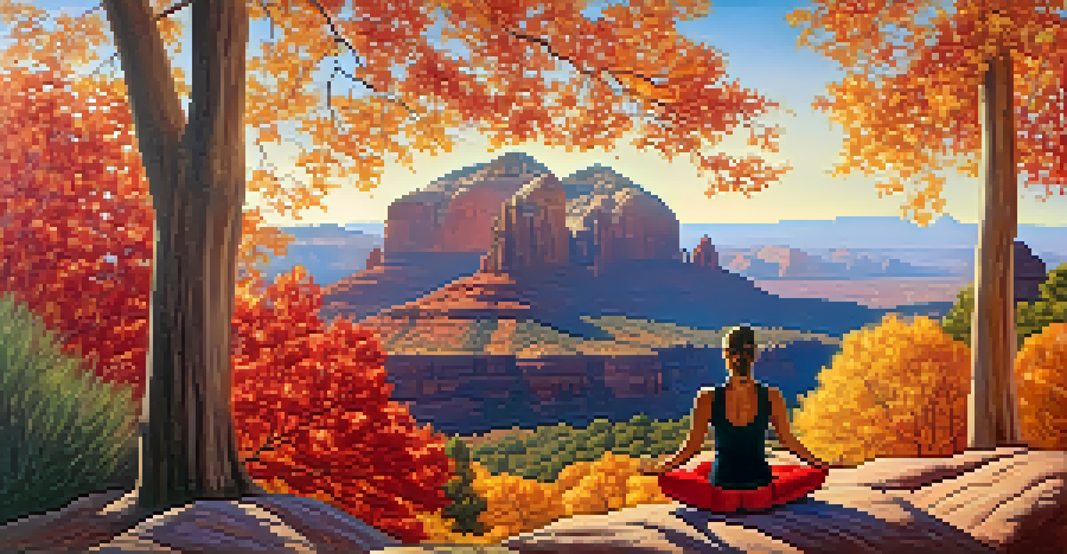 A person meditating in a colorful autumn landscape in Sedona with trees and a clear sky.