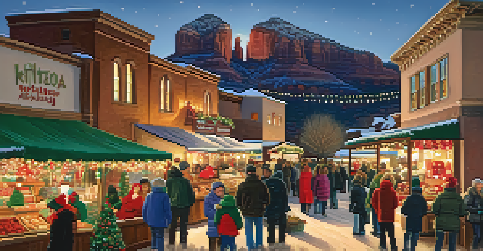 A festive winter market in Sedona with twinkling lights, artisans selling handmade gifts, and families enjoying the holiday spirit.