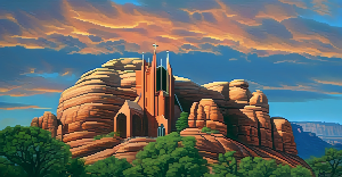 A modern chapel sits on a red rock mesa in Sedona during sunset, with large windows and striking architecture against a colorful sky.