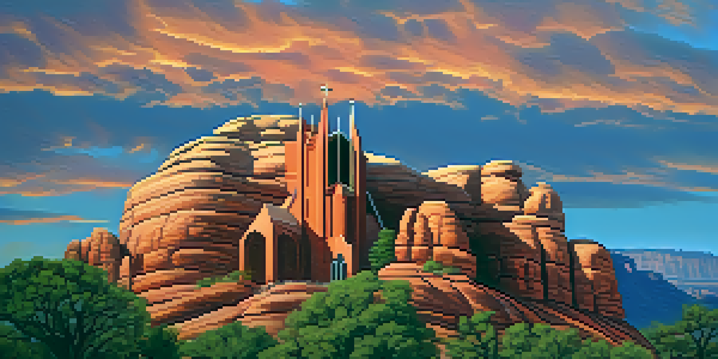 A modern chapel sits on a red rock mesa in Sedona during sunset, with large windows and striking architecture against a colorful sky.