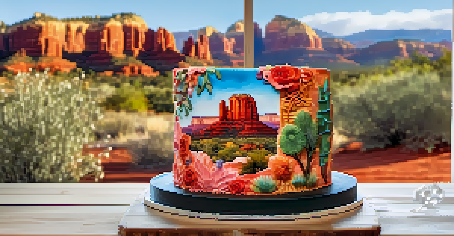 A custom floral cake from Sedona Cake Couture with Sedona's red rock formations in the background.