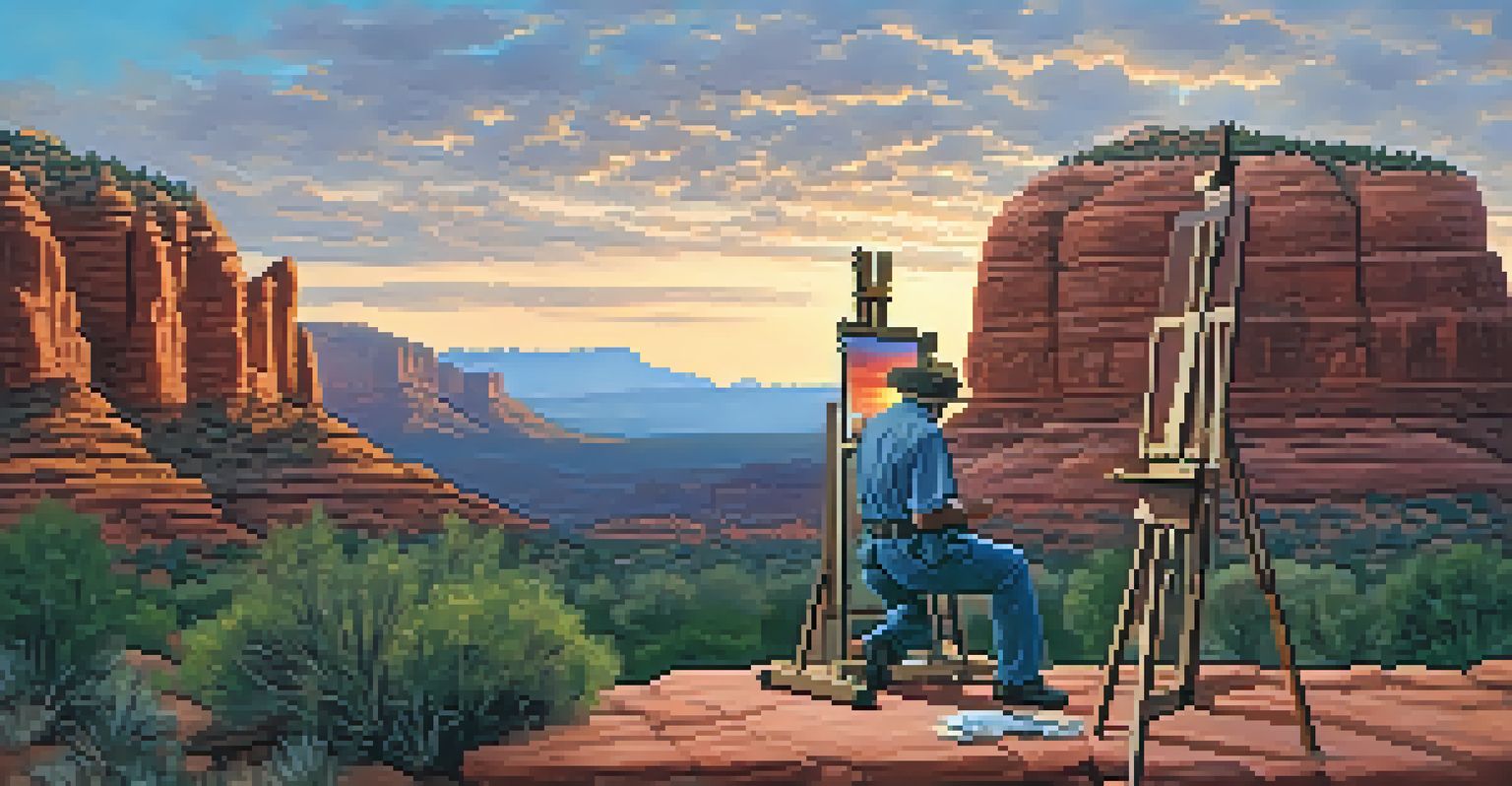 An artist painting the Sedona landscape at sunset, capturing the vibrant colors of the sky and red rocks.