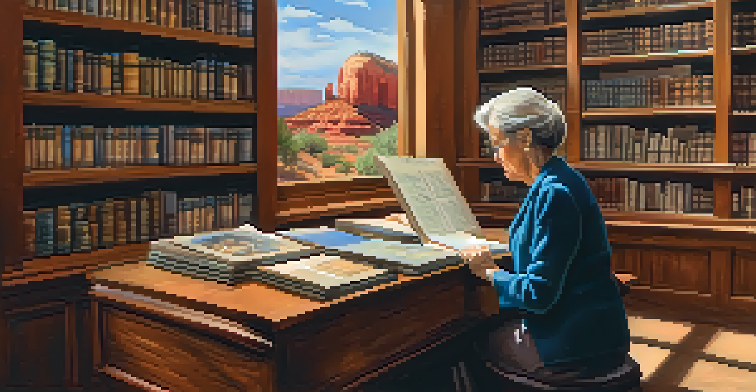 An older woman researching family history in a cozy library filled with genealogy books and historical records.