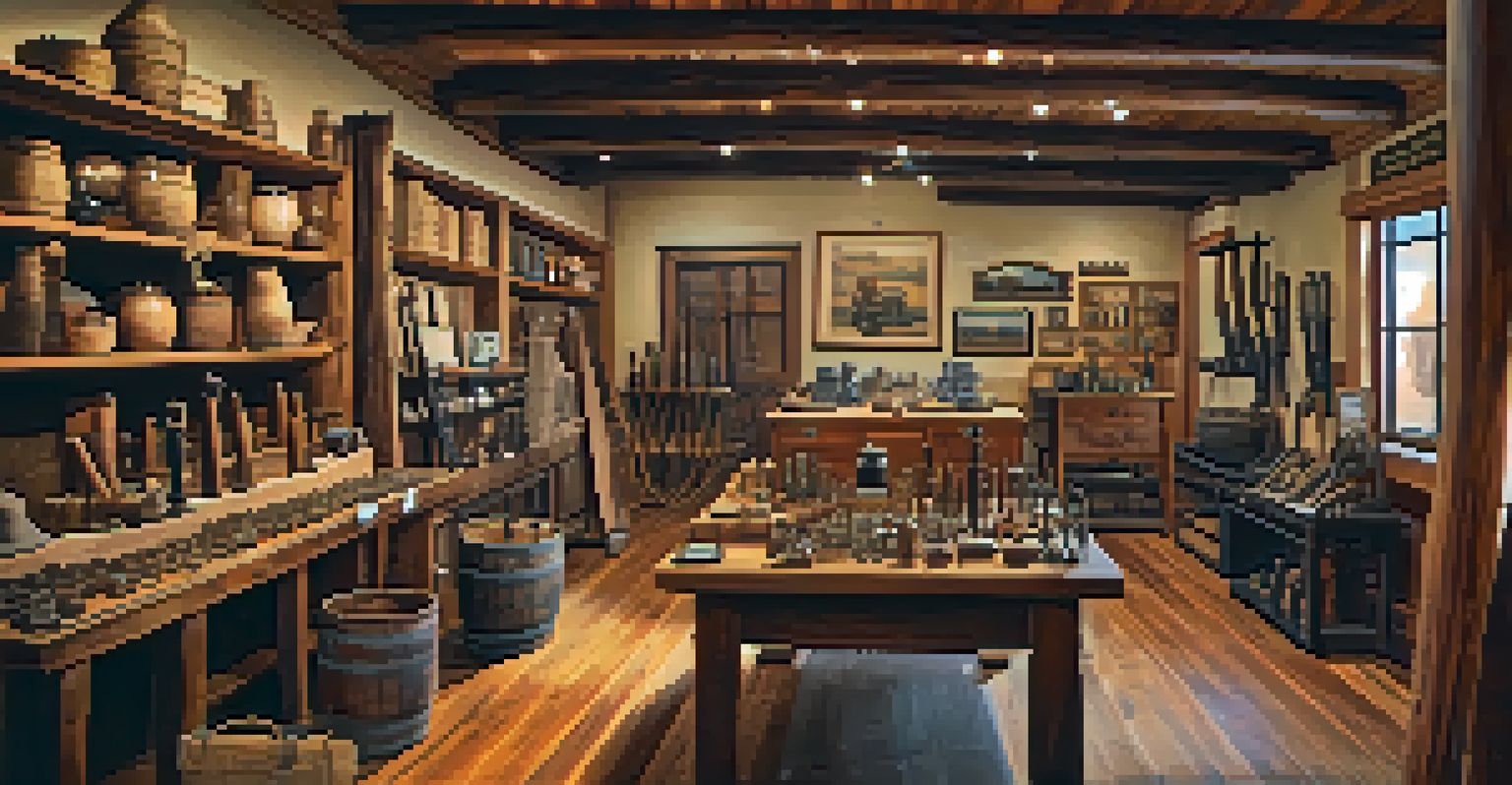 An interior view of the Sedona Heritage Museum, displaying vintage tools and photographs in a rustic setting with wooden beams.