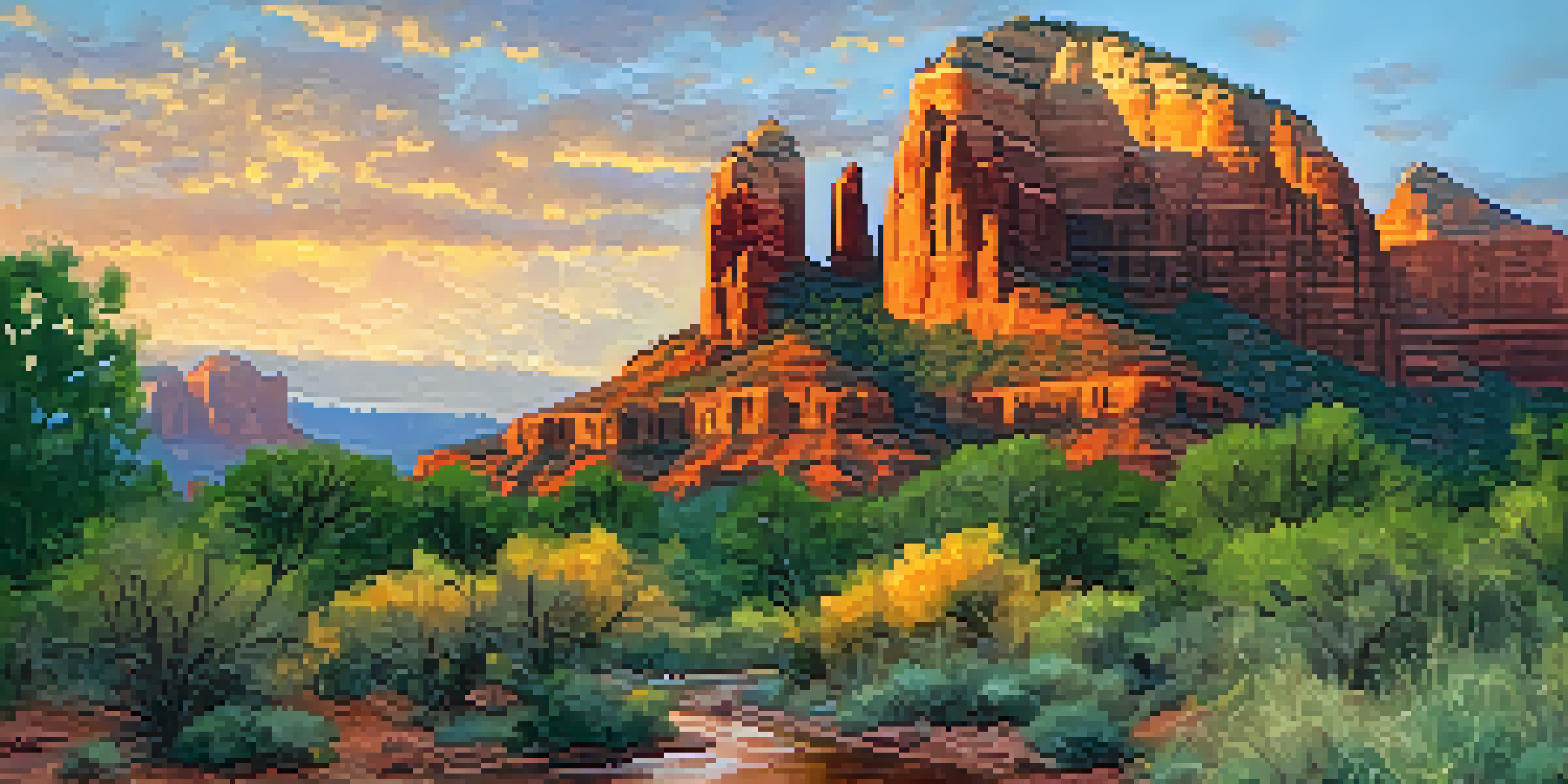 A picturesque sunset view of Sedona's red rock formations, with warm colors illuminating the landscape and lush greenery in the foreground.