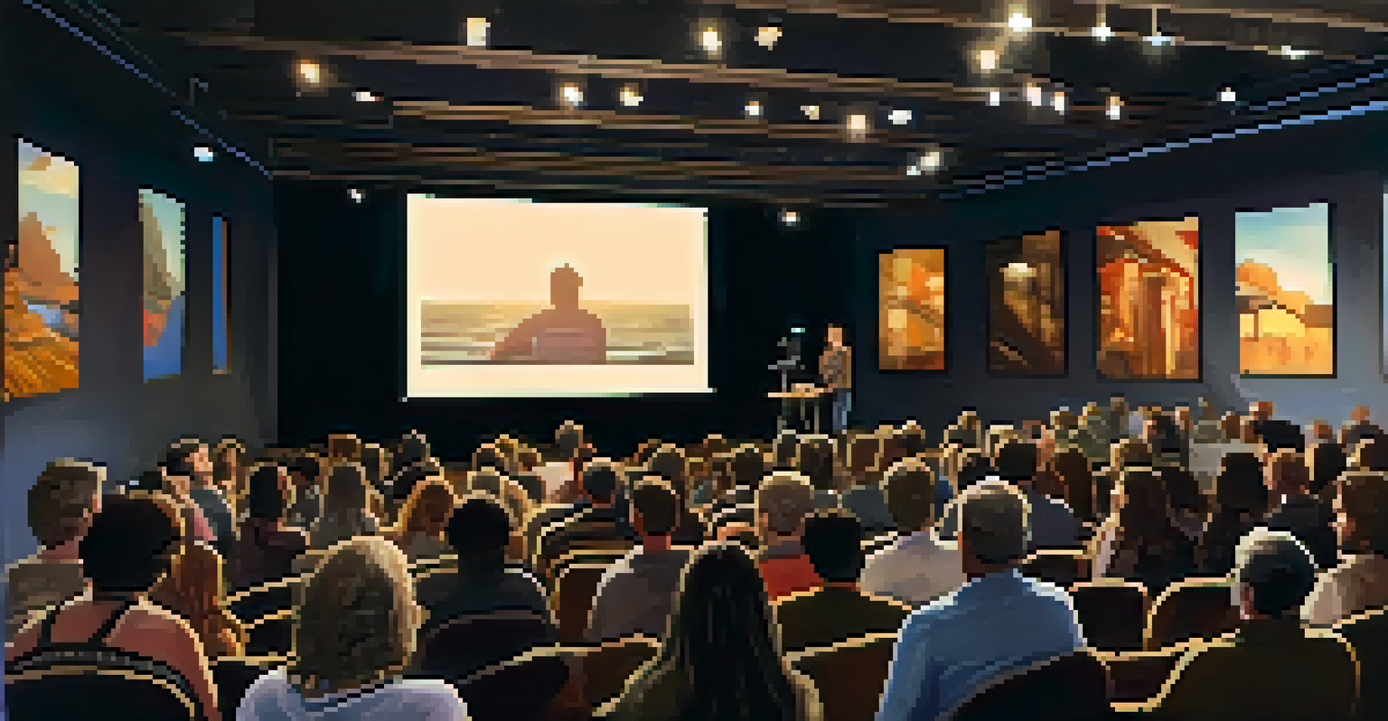A close-up of a filmmaker presenting their film in a cozy venue, with an engaged audience and a projector screen in the background.