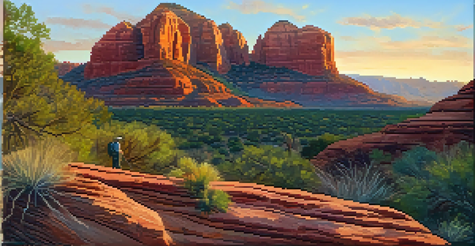 A hiker in Sedona admires ancient rock art on red rock formations during sunset, with warm golden light illuminating the scene.