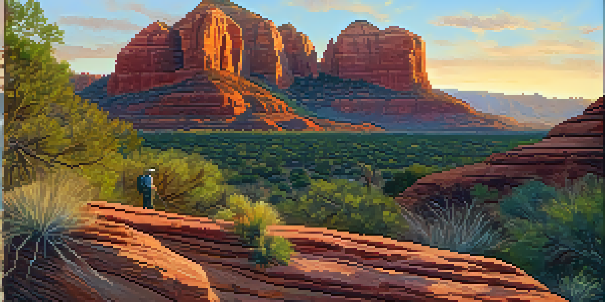 A hiker in Sedona admires ancient rock art on red rock formations during sunset, with warm golden light illuminating the scene.