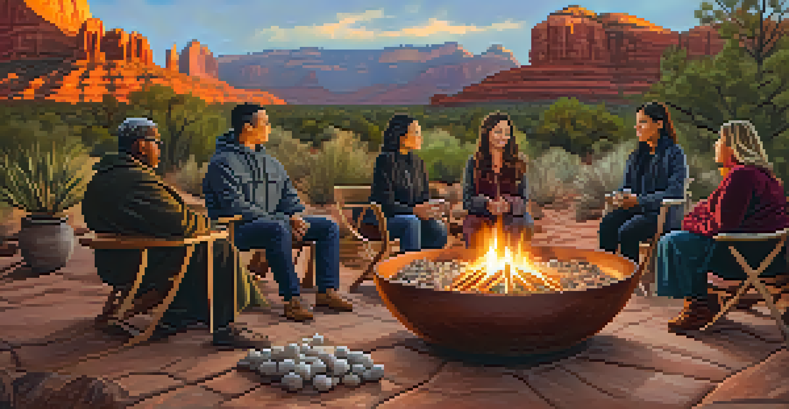 A diverse group of people gathered around a fire pit, participating in a spiritual ritual during Sedona's Winter Solstice ceremony.
