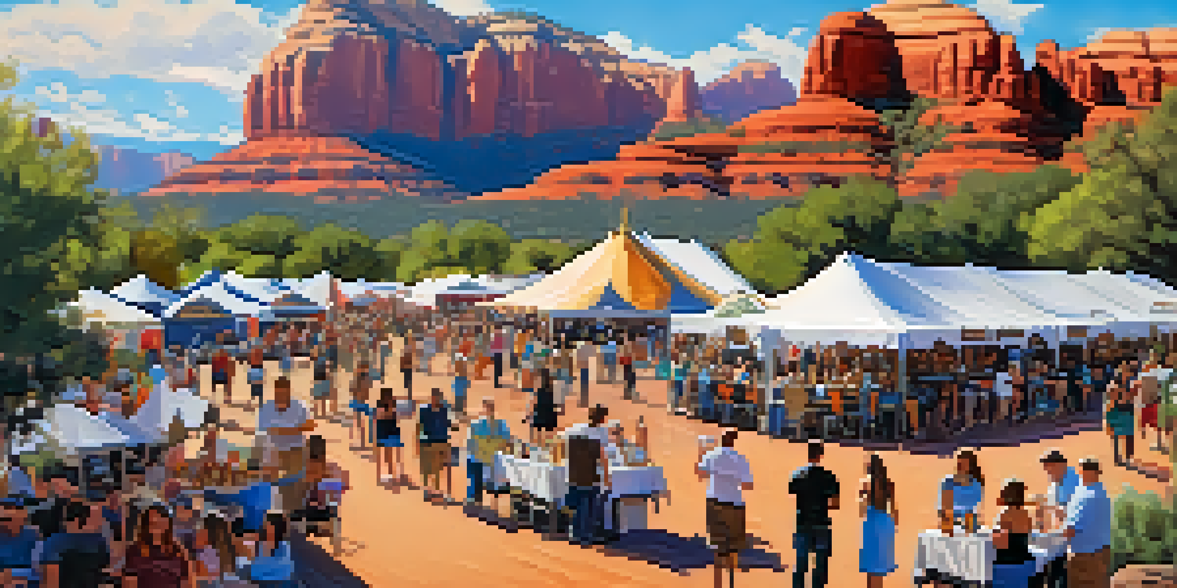 A lively outdoor beer festival in Sedona with people enjoying craft beers, local food trucks, and stunning red rock formations in the background.