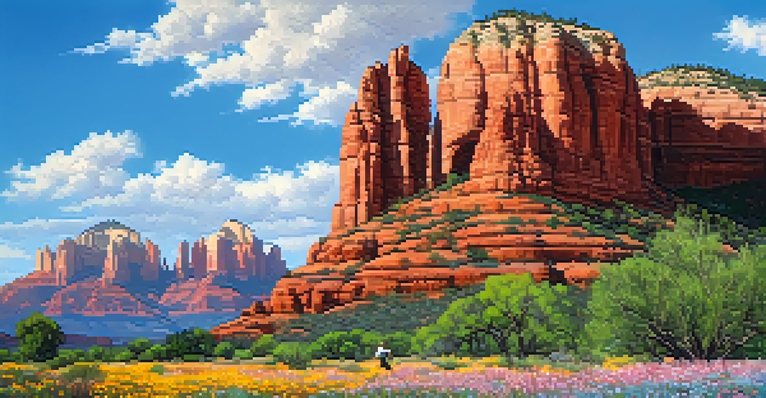 A spring landscape in Sedona with blooming wildflowers, red rocks, and hikers on a trail under a blue sky.