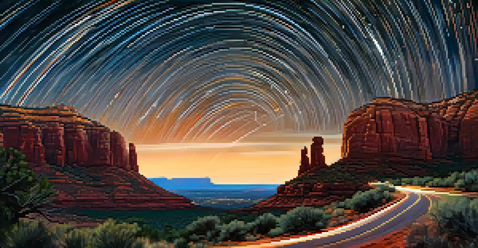 Long exposure image of star trails above Sedona, with a winding path leading through the red rock landscape.