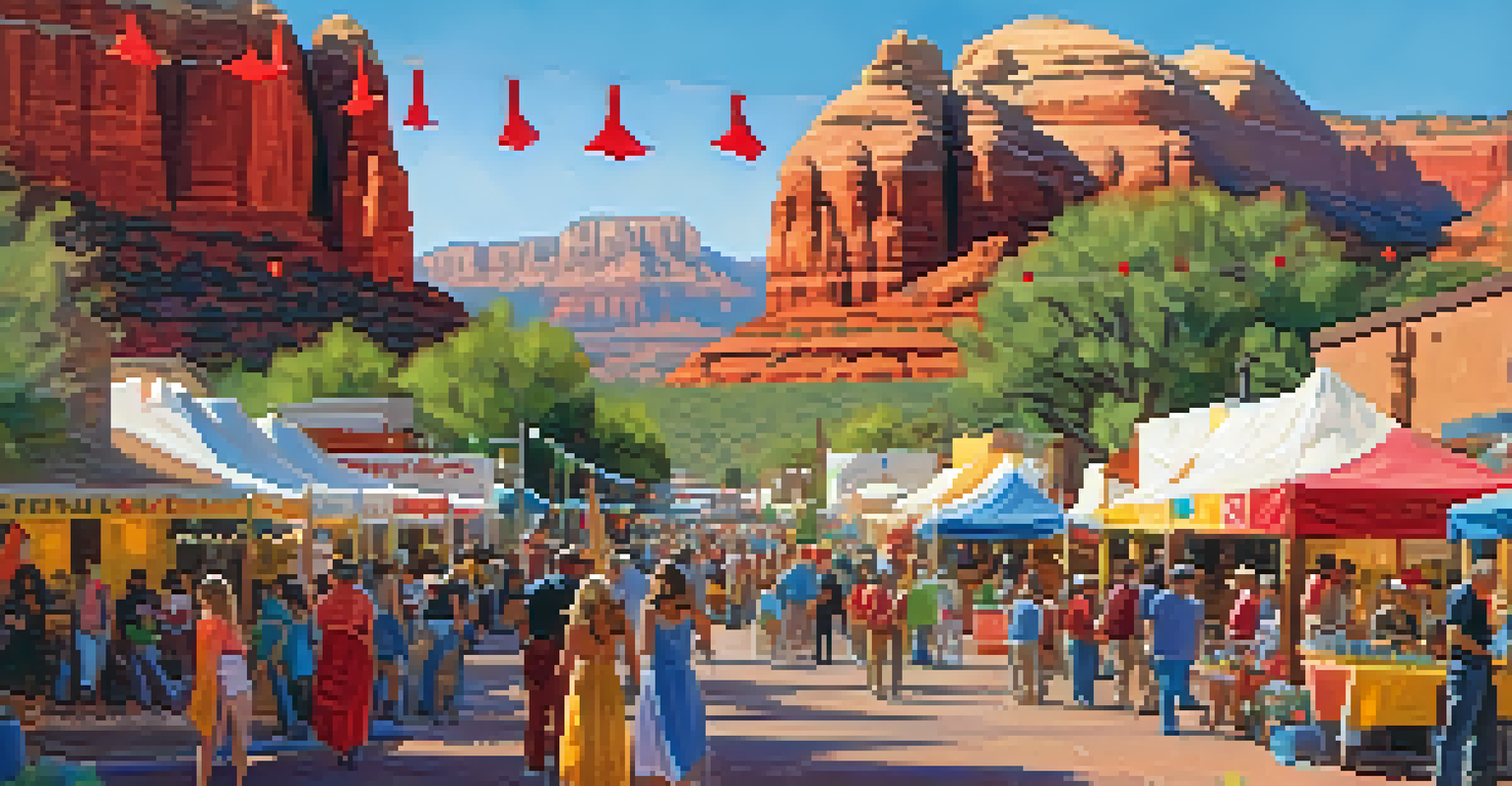 A lively community festival in Sedona with artists and colorful decorations against the backdrop of red rocks.