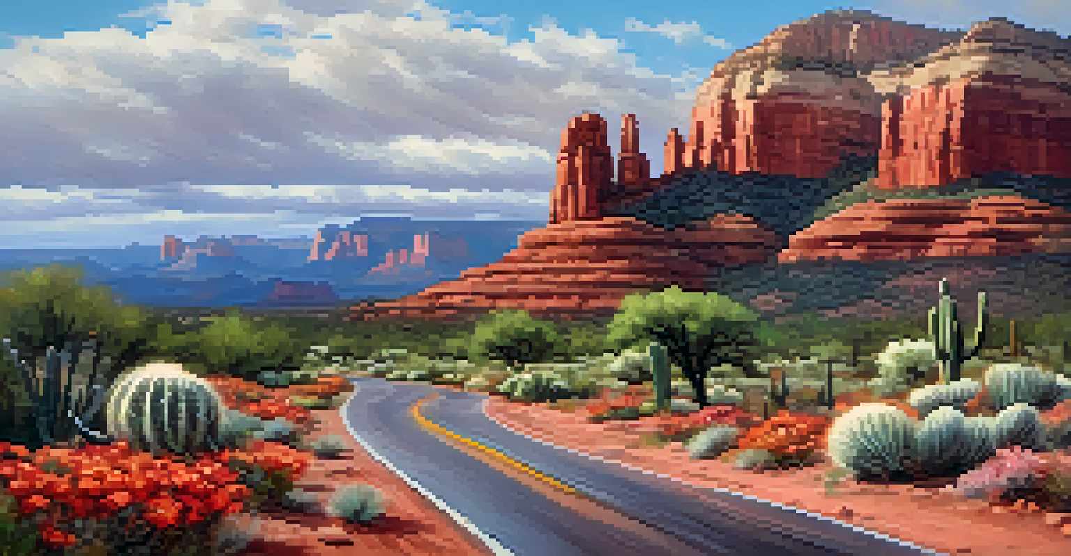 A winding road in Sedona surrounded by blooming wildflowers and cacti, with red rock formations in the background under a cloudy sky.