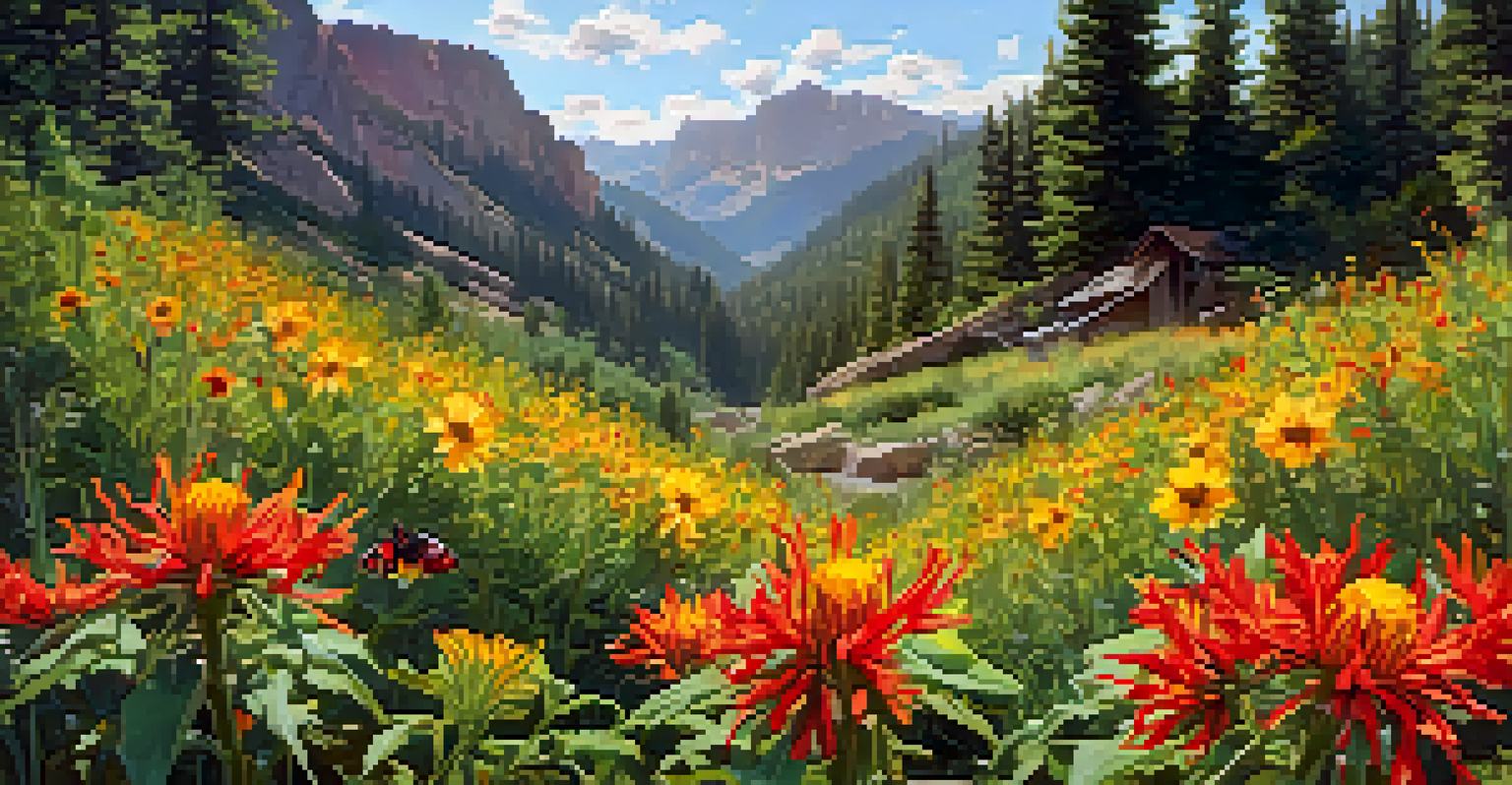 A summer landscape filled with Indian Paintbrush and Sunflowers, buzzing bees, and butterflies, surrounded by lush greenery in Sedona.