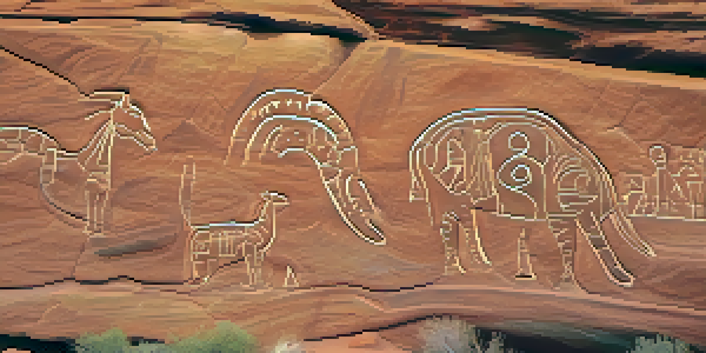 Close-up of ancient petroglyphs on sandstone, depicting geometric shapes and animals in Sedona, Arizona.