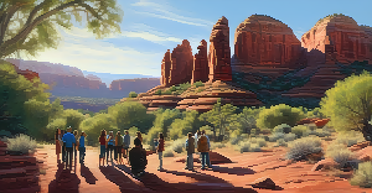 Visitors exploring the Palatki Heritage Site in Sedona, Arizona, surrounded by ancient rock art as a guide explains its significance during golden hour.