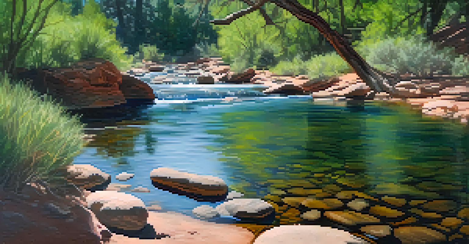 A peaceful creek in Sedona with flowing water and sunlight filtering through trees, showing a person sitting on a rock.