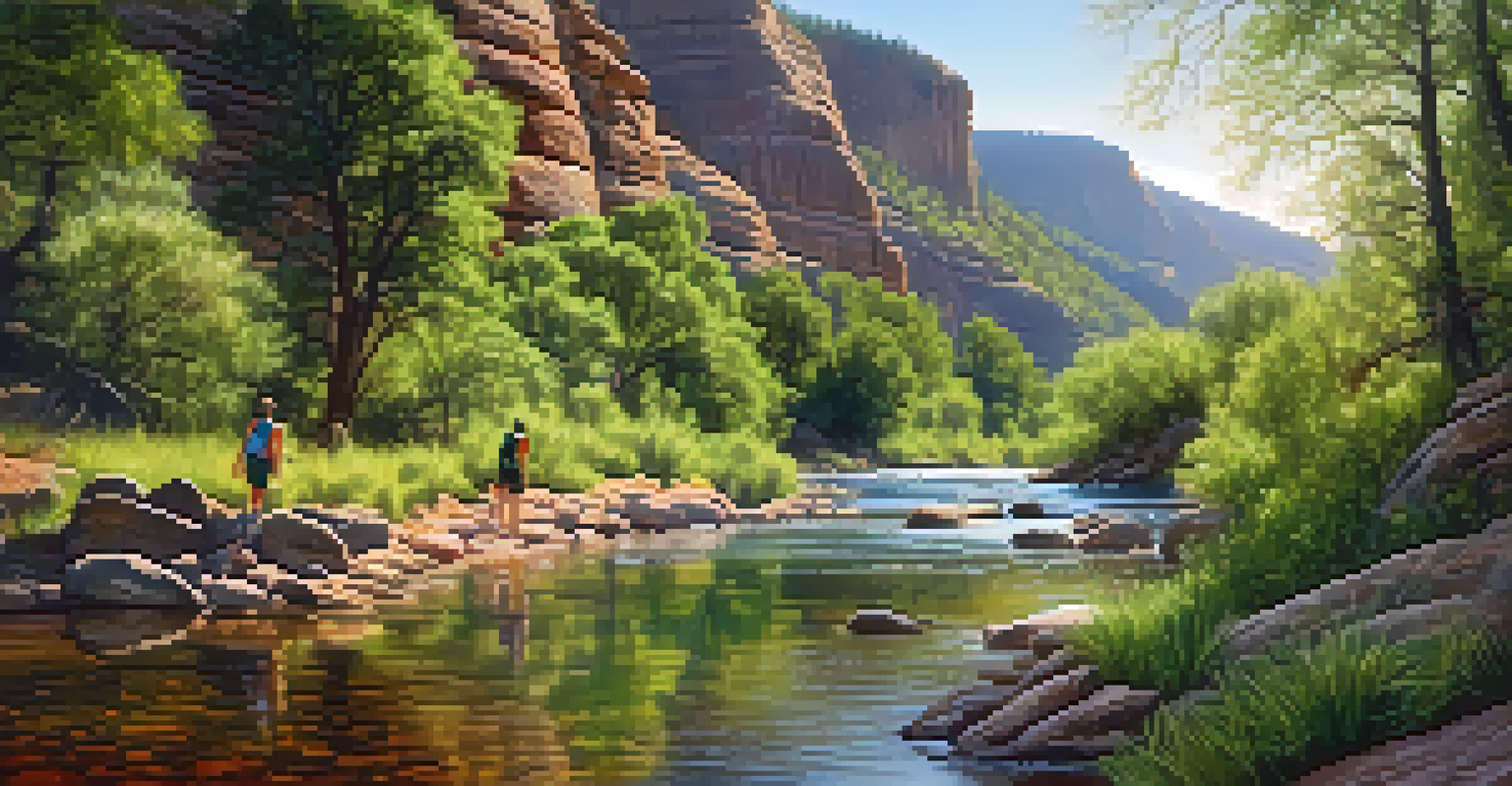 A family hiking in Oak Creek Canyon with river otters swimming in the creek.