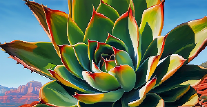 A close-up view of a green Agave succulent with spiky leaves, set against the backdrop of Sedona's red rock formations and a clear blue sky.